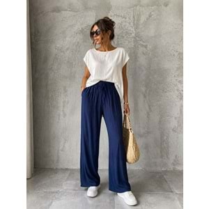 Ipeksi Dokunuş Soft Touch Navy Mavi Geniş Kesim Pantolon - LACİVERT - L - ST01142-LACİVERT-L
