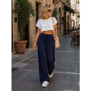 Ipeksi Dokunuş Soft Touch Navy Mavi Geniş Kesim Pantolon - LACİVERT - L - ST01142-LACİVERT-L