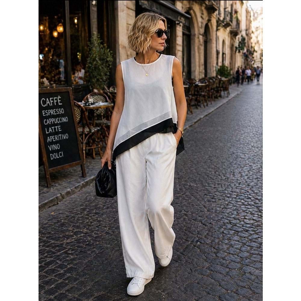 Shadow Line Asimetrik Şifon Bluz 2 PArça Görünümlü Premium His - BEYAZ - S - ST01143-BEYAZ-S