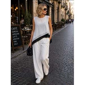 Shadow Line Asimetrik Şifon Bluz 2 PArça Görünümlü Premium His - BEYAZ - S - ST01143-BEYAZ-S