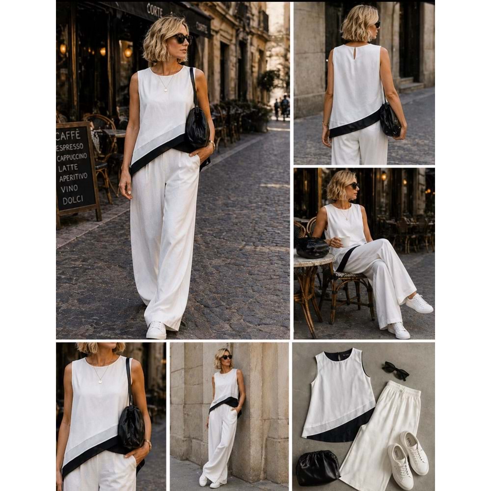 Shadow Line Asimetrik Şifon Bluz 2 PArça Görünümlü Premium His - BEYAZ - S - ST01143-BEYAZ-S