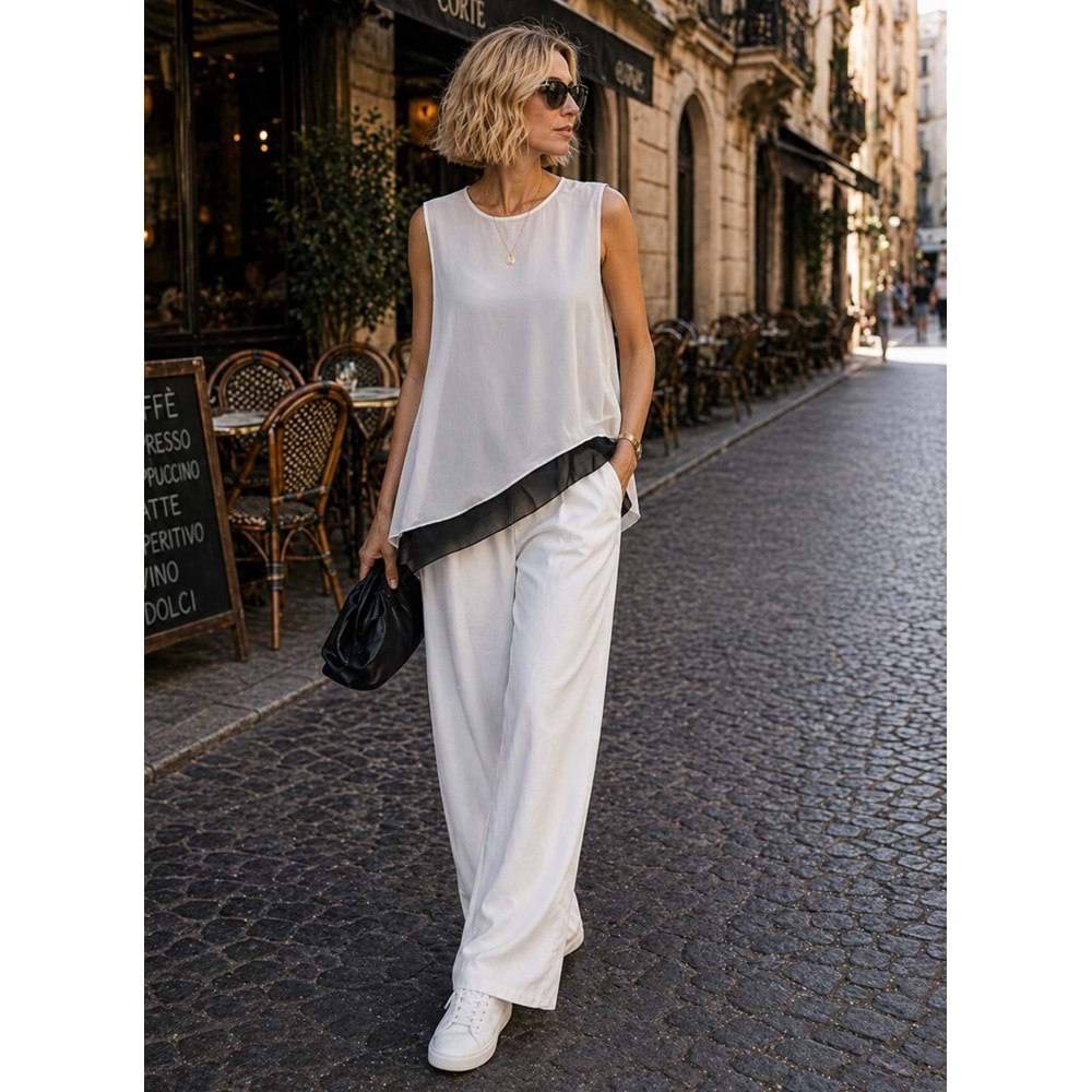 Shadow Line Asimetrik Şifon Bluz 2 PArça Görünümlü Premium His - BEYAZ - S - ST01143-BEYAZ-S