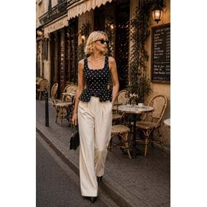 Retro PolkaDot Puantiye Bluz Bel Kesim Detaylı Yeni Sezon - SİYAH - L - ST01194-SİYAH-L