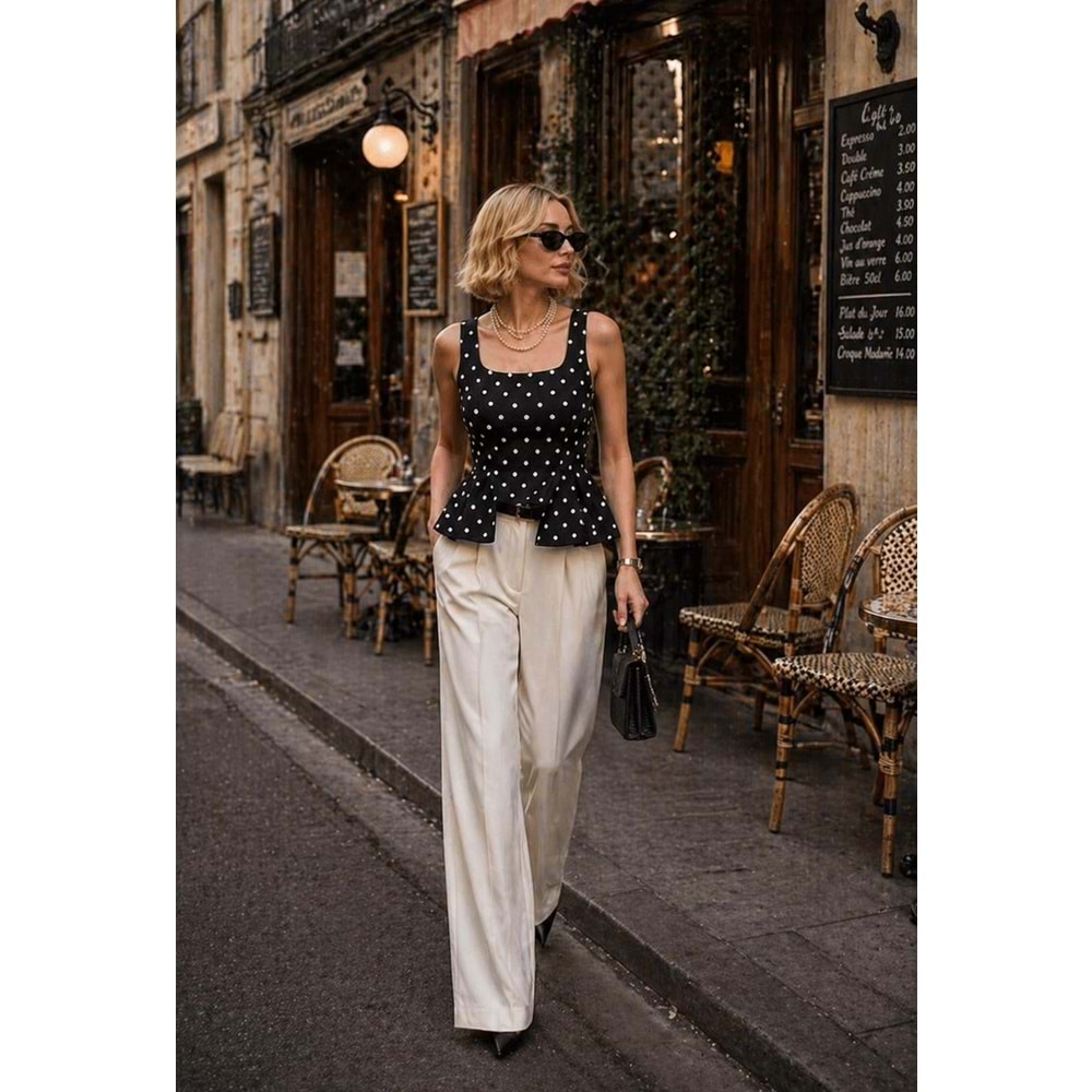 Retro PolkaDot Puantiye Bluz Bel Kesim Detaylı Yeni Sezon - SİYAH - L - ST01194-SİYAH-L