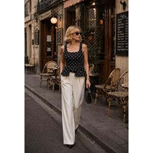 Retro PolkaDot Puantiye Bluz Bel Kesim Detaylı Yeni Sezon - SİYAH - L - ST01194-SİYAH-L