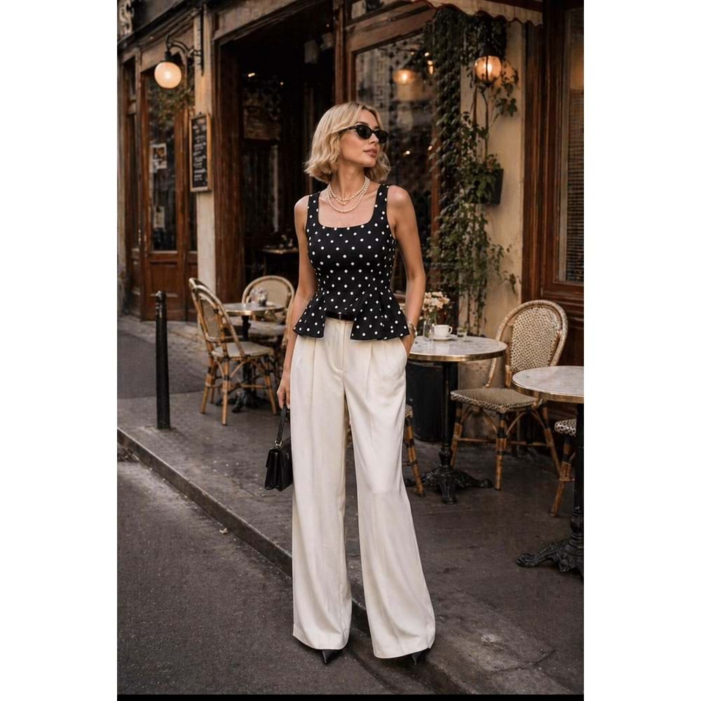 Retro PolkaDot Puantiye Bluz Bel Kesim Detaylı Yeni Sezon - SİYAH - L - ST01194-SİYAH-L