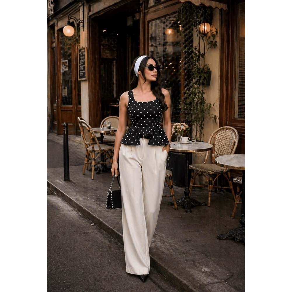 Retro PolkaDot Puantiye Bluz Bel Kesim Detaylı Yeni Sezon - SİYAH - L - ST01194-SİYAH-L