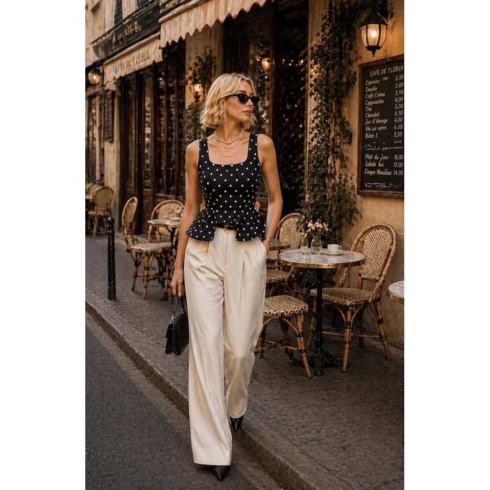 Retro PolkaDot Puantiye Bluz Bel Kesim Detaylı Yeni Sezon - SİYAH - L - ST01194-SİYAH-L