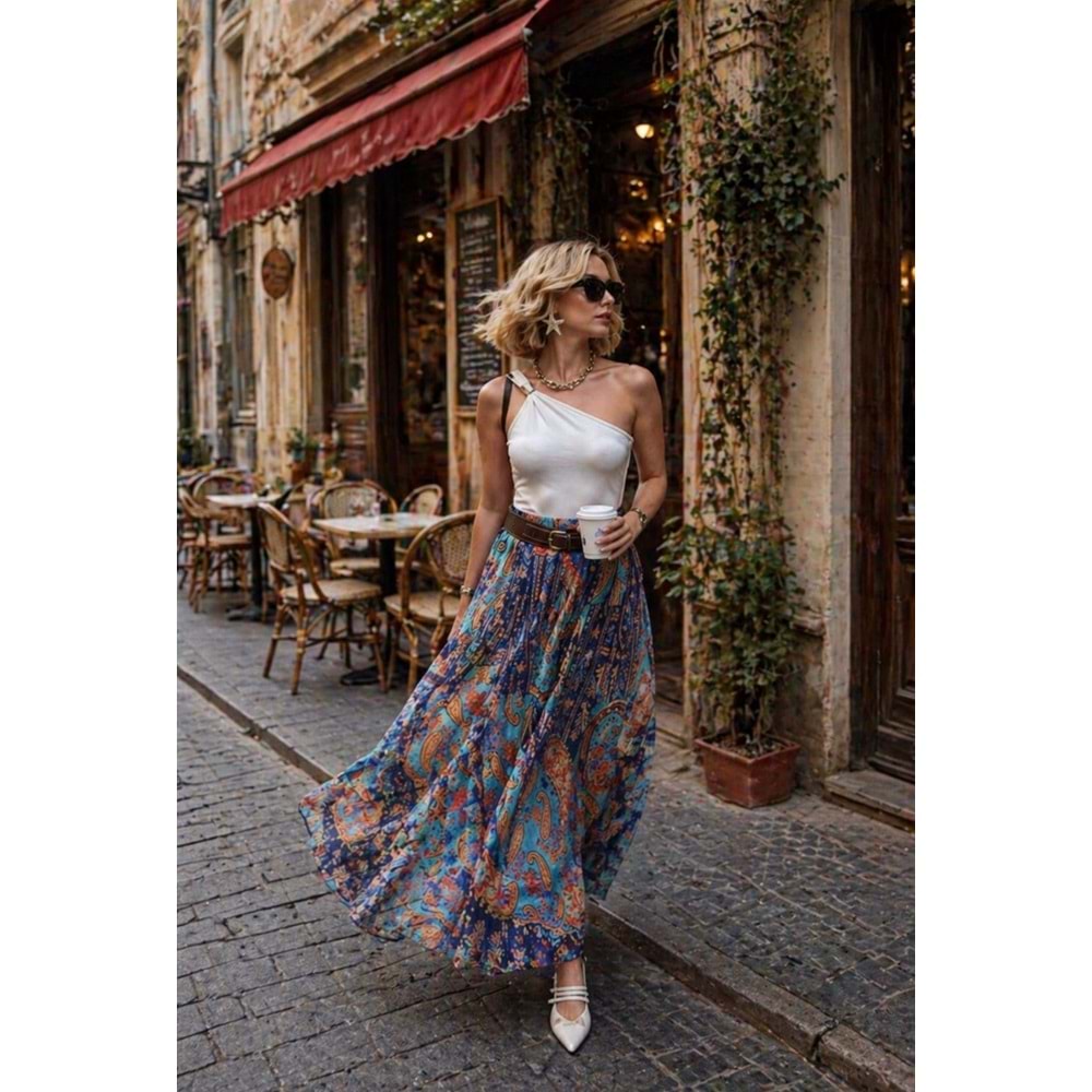 Sienna Power Look Etnik Desen Maxi Etek Kemer Detaylı - MAVİ - L - ST01195-MAVİ-L