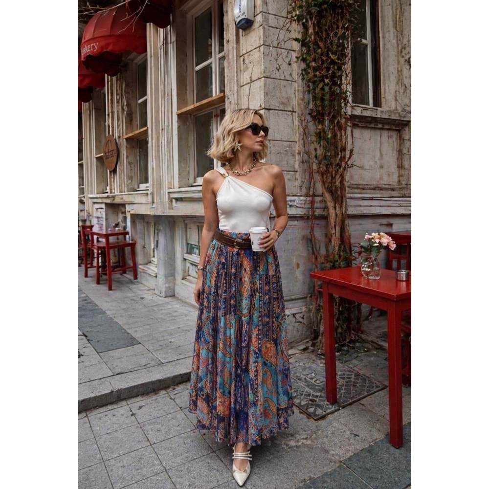 Sienna Power Look Etnik Desen Maxi Etek Kemer Detaylı - MAVİ - L - ST01195-MAVİ-L