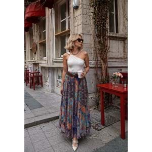 Sienna Power Look Etnik Desen Maxi Etek Kemer Detaylı - MAVİ - L - ST01195-MAVİ-L