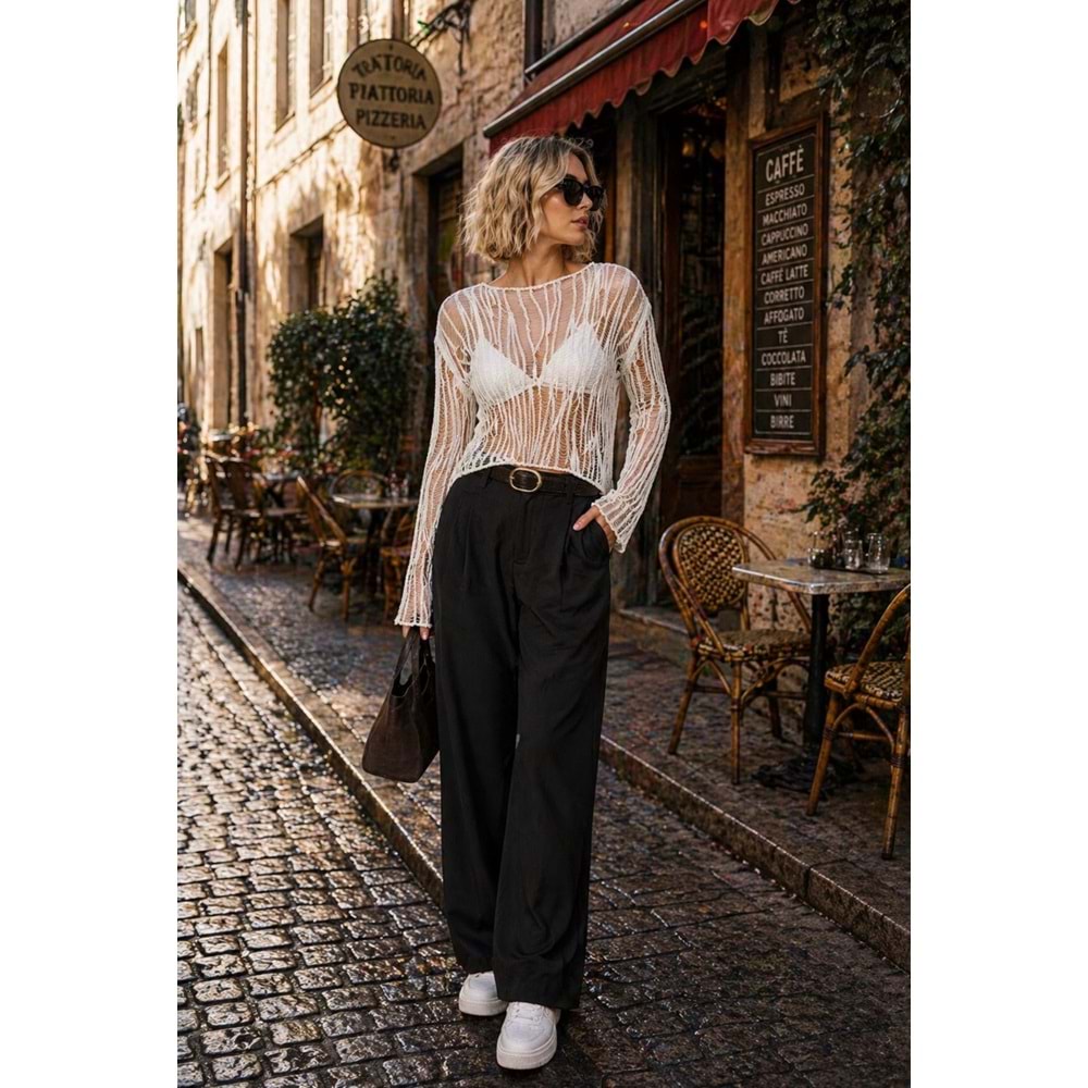 Soft Transparan Örme Ajur Bluz - Beyaz