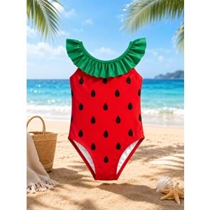 Kız Çocuk Fırfır Yaka Karpuz Desen Mayo Premium Model Kırmızı Renk