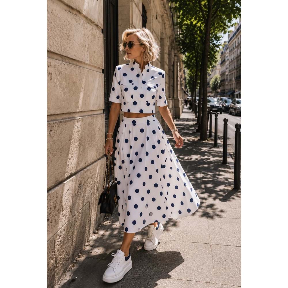 Polka Chic Mavi Beyaz Puantiye Tasarım Kısa Kol Ceket - Bluz