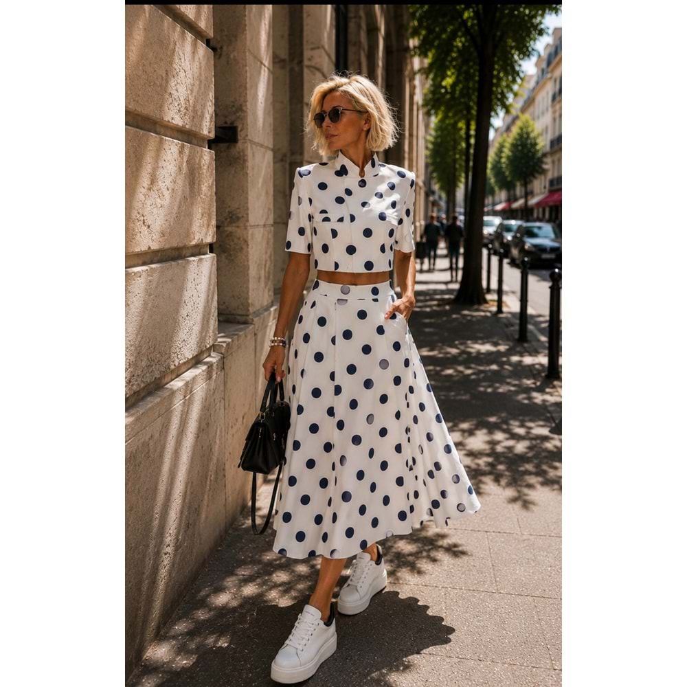 Polka Chic Mavi Beyaz Puantiye Tasarım Kısa Kol Ceket - Bluz