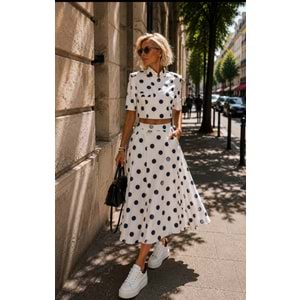 Polka Chic Mavi Beyaz Puantiye Tasarım Kısa Kol Ceket - Bluz