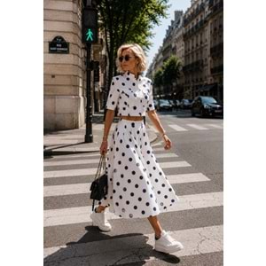 Polka Chic Mavi Beyaz Puantiye Tasarım Kısa Kol Ceket - Bluz