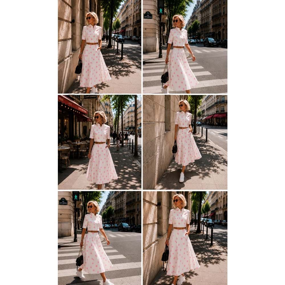 Polka Chic Pembe Beyaz Puantiye Tasarım Kısa Kol Ceket - Bluz