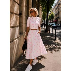 Polka Chic Pembe Beyaz Puantiye Tasarım Kısa Kol Ceket - Bluz