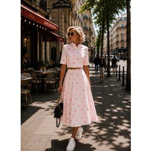 Polka Chic Pembe Beyaz Puantiye Tasarım Kısa Kol Ceket - Bluz