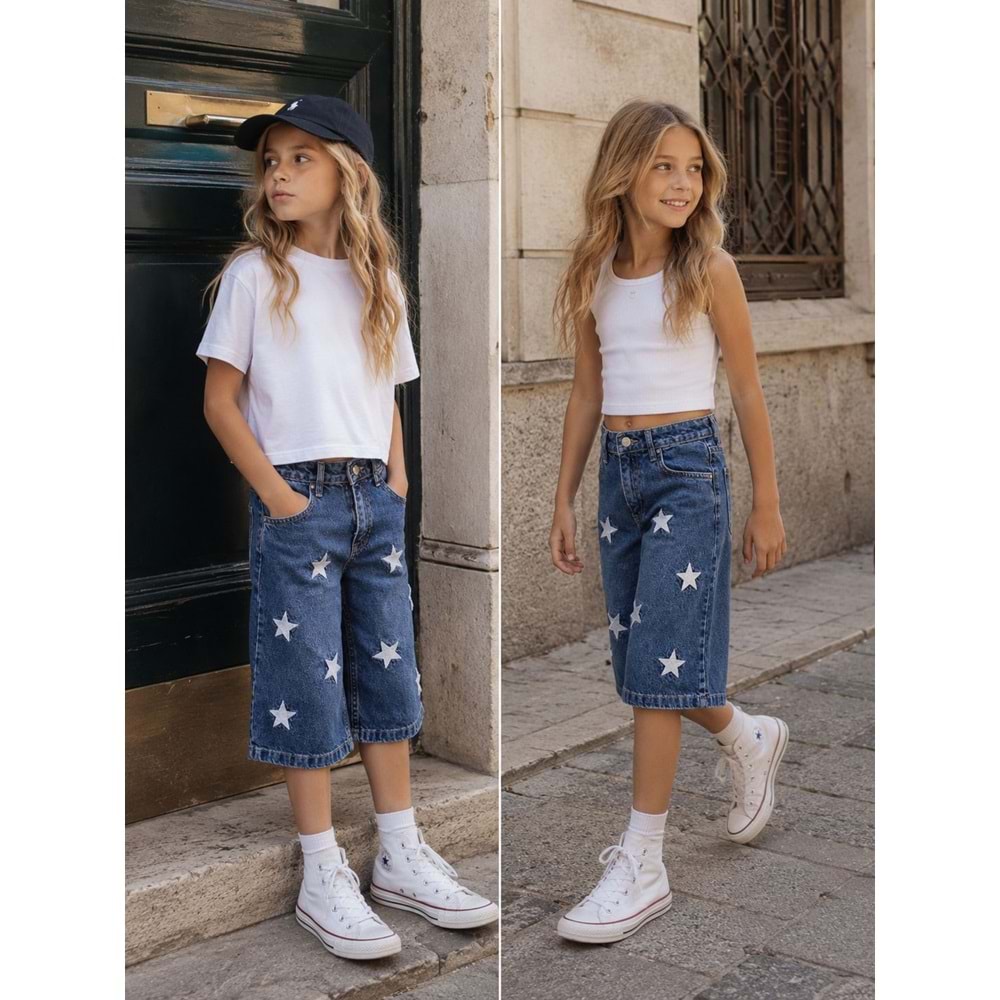 Kız Çocuk Yıldız Nakış Detaylı Baggy Bermuda Kot Şort