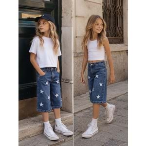 Kız Çocuk Yıldız Nakış Detaylı Baggy Bermuda Kot Şort