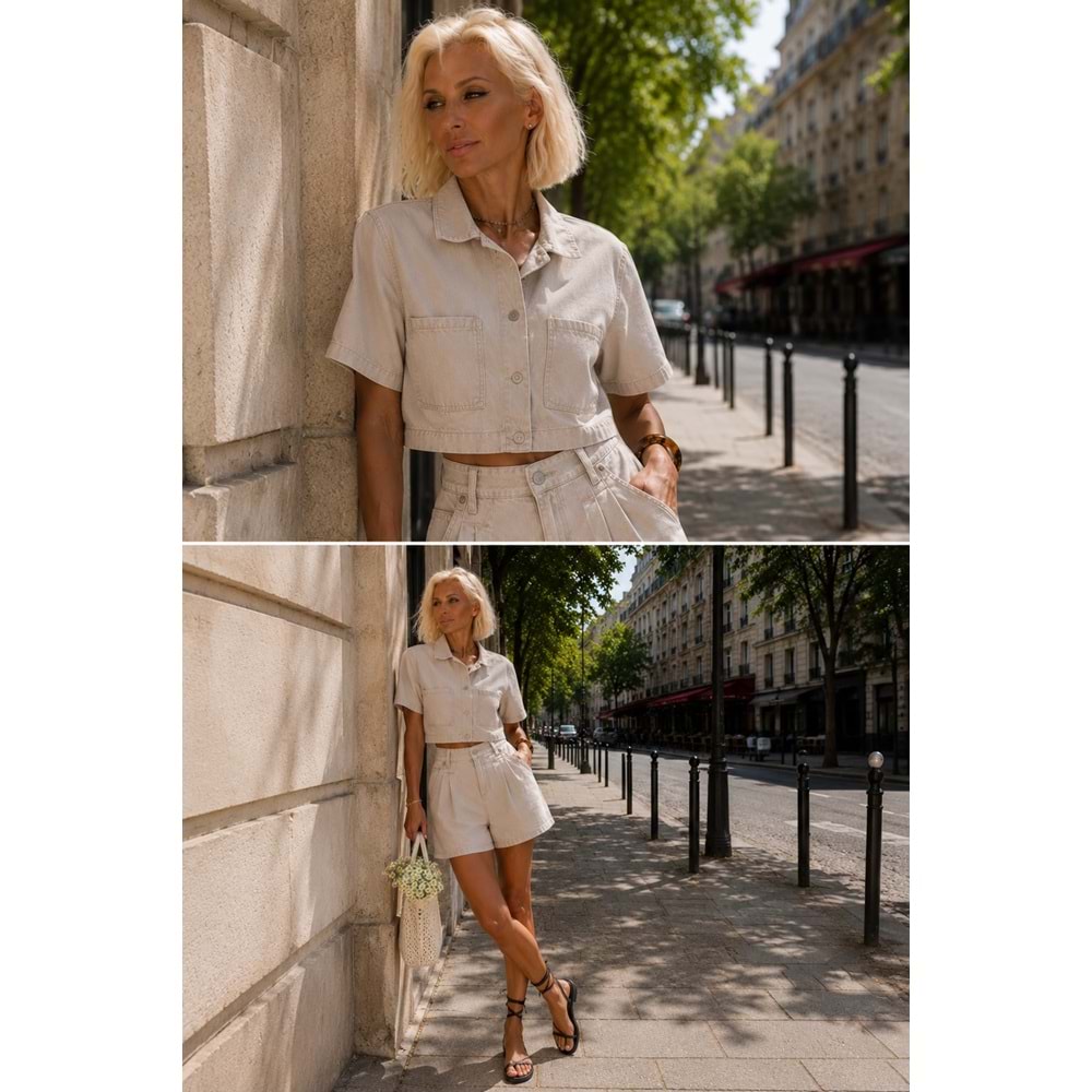 Kadın - Premium Denim Crop Alt Üst Şortlu Takım