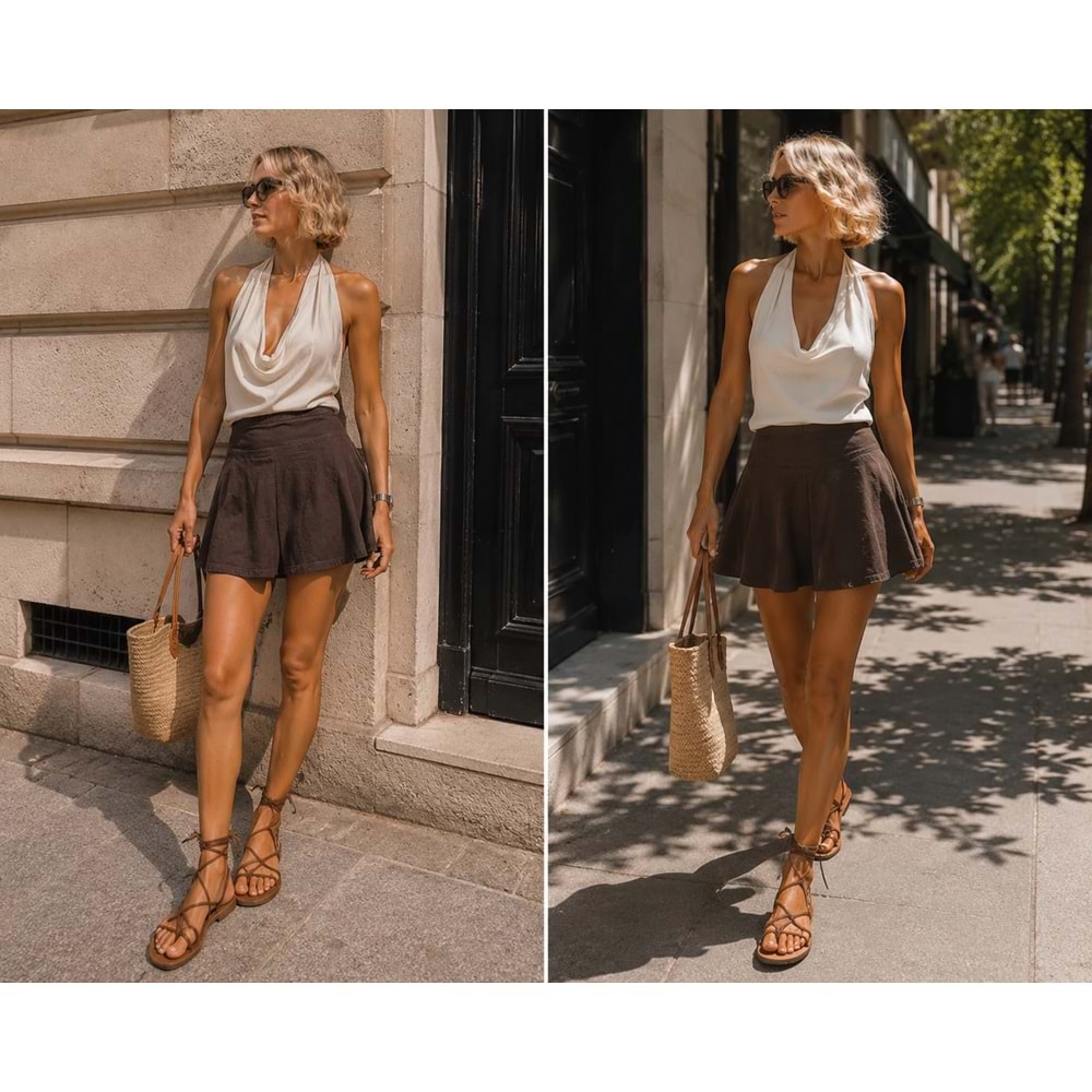 Paris Kahve Pamuklu Denim Korsaj Bel Flare Çan Kesim Mini Etek