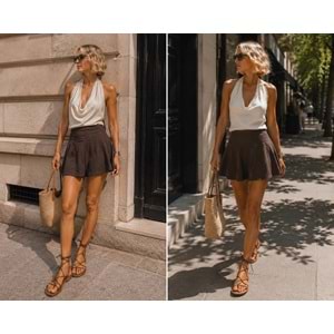 Paris Kahve Pamuklu Denim Korsaj Bel Flare Çan Kesim Mini Etek