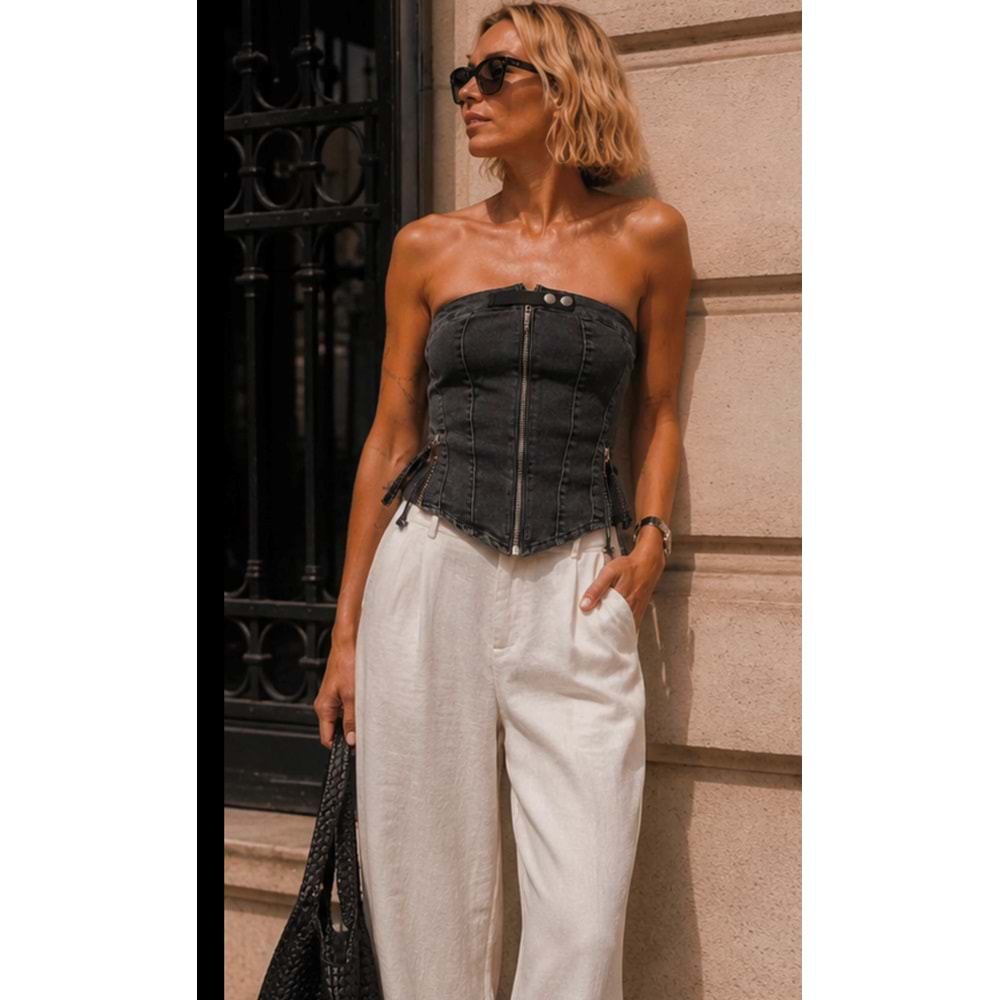 Sooho Füme Yıkamalı Denim Korse Crop Top Fermuar Detaylı
