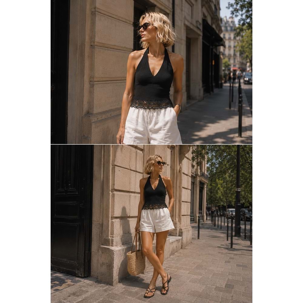 Capri Premium Dantel Detay Halter Yaka Sırt Dekolteli Bluz