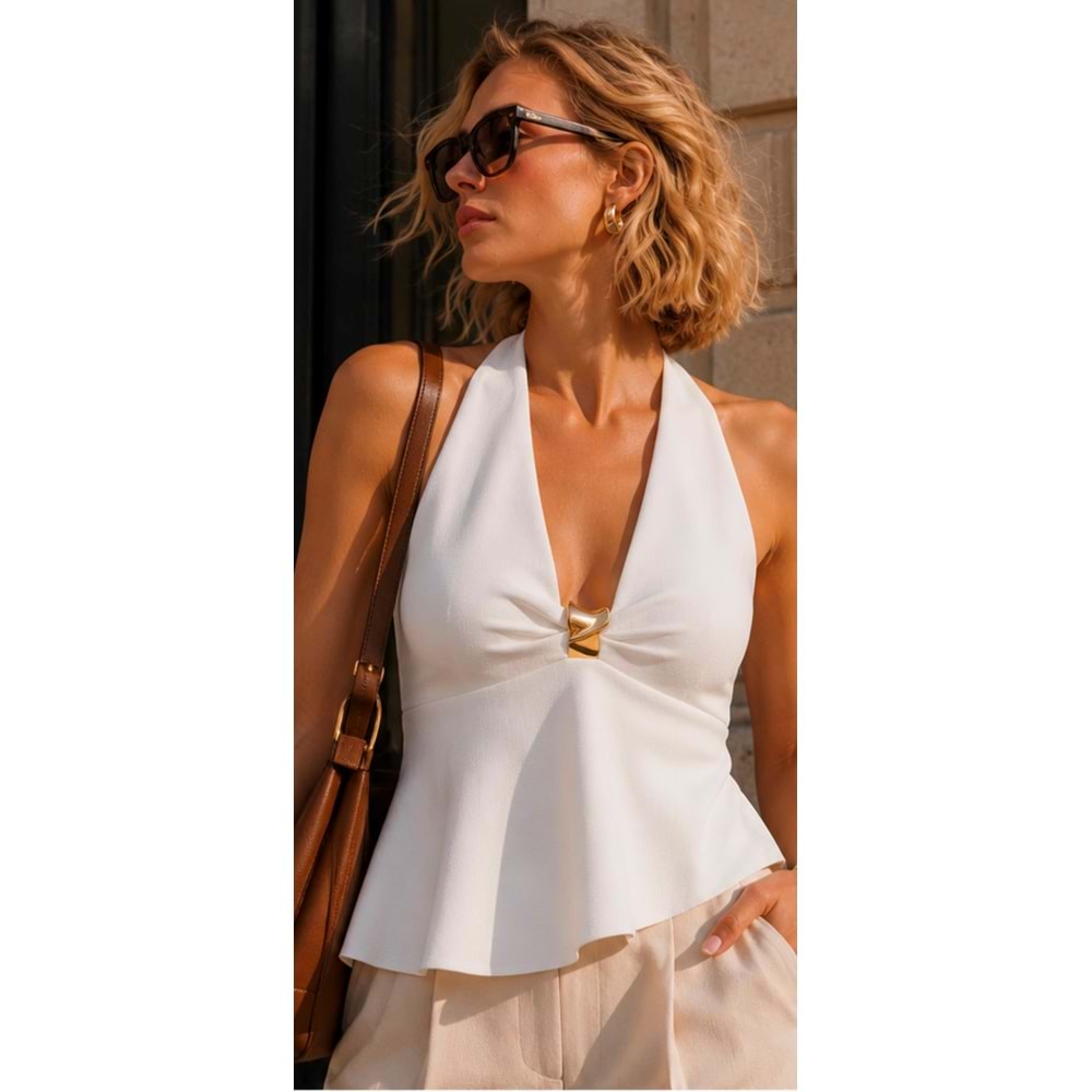 Gold Detaylı Halter Yaka Premium Bluz