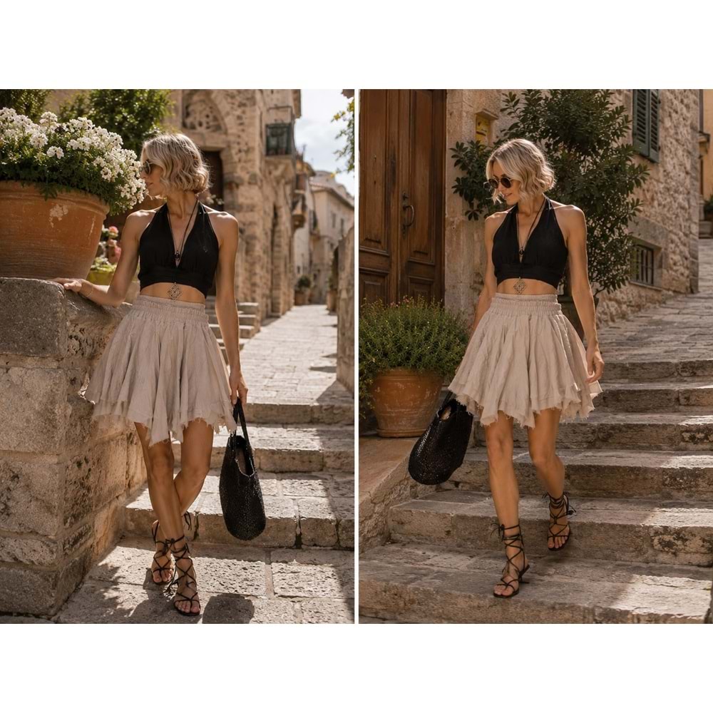 Ibeeka - Boho Chic Katmanlı Keten Asimetrik Etek Şort Astarlı
