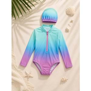 Kız Çocuk Sunset Surf Uzun Kol Fermuarlı Güneş Koruma Mayo - Bone Takımı