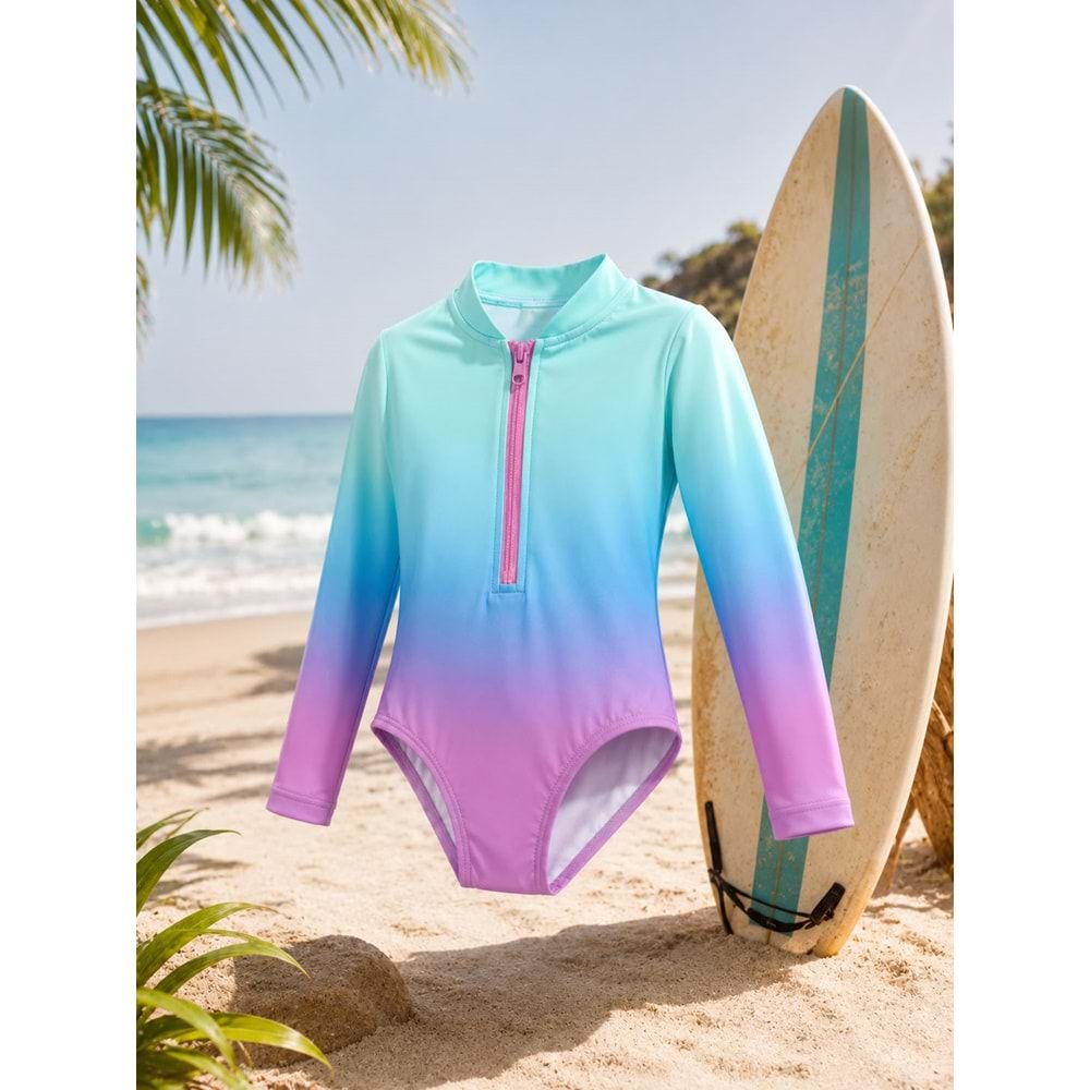 Kız Çocuk Sunset Surf Uzun Kol Fermuarlı Güneş Koruma Mayo - Bone Takımı