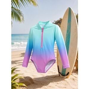 Kız Çocuk Sunset Surf Uzun Kol Fermuarlı Güneş Koruma Mayo - Bone Takımı