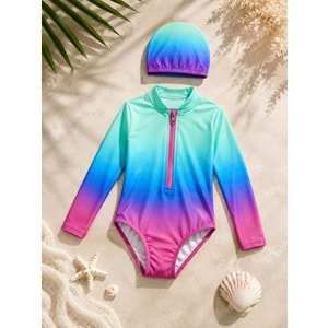 Kız Çocuk Sunset Surf Uzun Kol Fermuarlı Güneş Koruma Mayo - Bone Takımı
