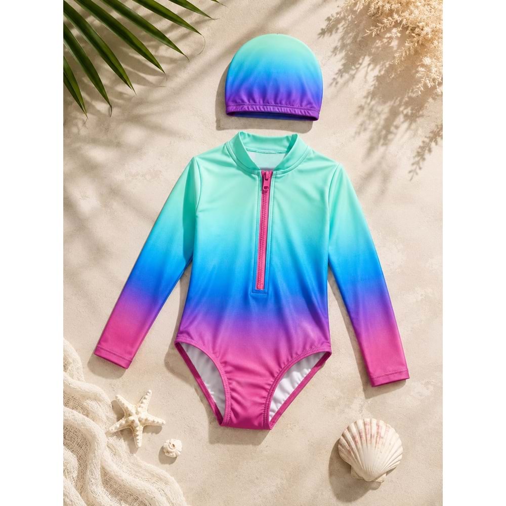 Kız Çocuk Sunset Surf Uzun Kol Fermuarlı Güneş Koruma Mayo - Bone Takımı