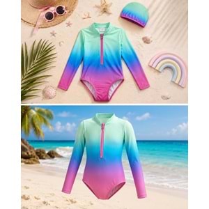 Kız Çocuk Sunset Surf Uzun Kol Fermuarlı Güneş Koruma Mayo - Bone Takımı
