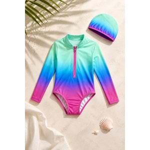 Kız Çocuk Sunset Surf Uzun Kol Fermuarlı Güneş Koruma Mayo - Bone Takımı