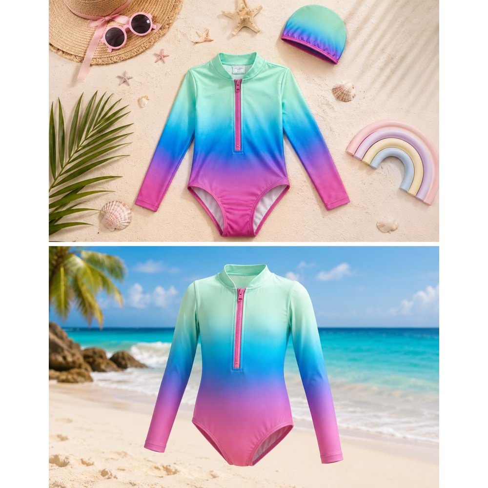 Kız Çocuk Sunset Surf Uzun Kol Fermuarlı Güneş Koruma Mayo - Bone Takımı