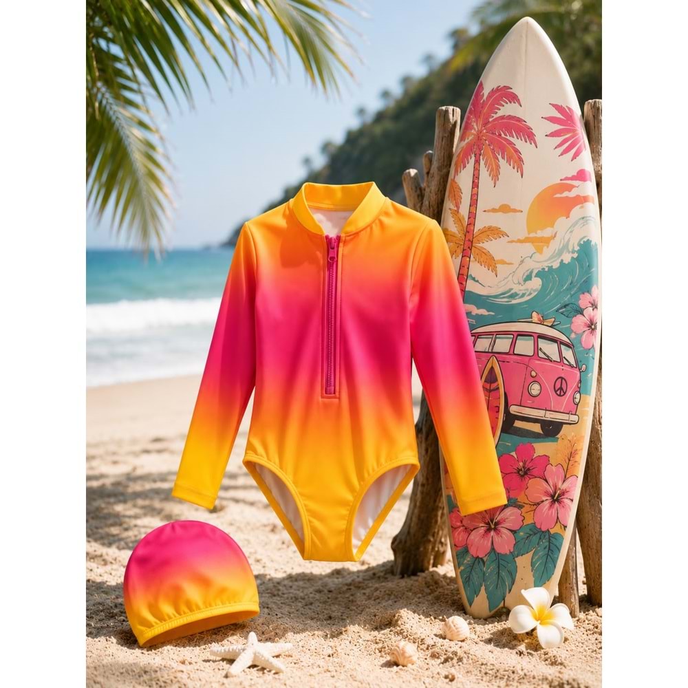 Kız Çocuk Sunset Surf Uzun Kol Fermuarlı Güneş Koruma Mayo - Bone Takımı