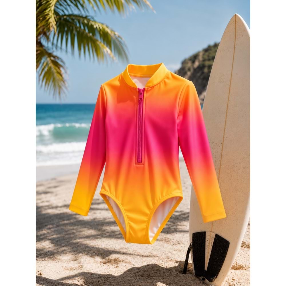 Kız Çocuk Sunset Surf Uzun Kol Fermuarlı Güneş Koruma Mayo - Bone Takımı
