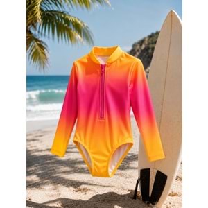 Kız Çocuk Sunset Surf Uzun Kol Fermuarlı Güneş Koruma Mayo - Bone Takımı