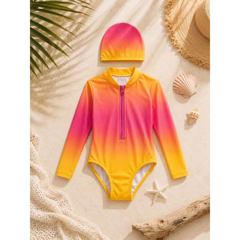 Kız Çocuk Sunset Surf Uzun Kol Fermuarlı Güneş Koruma Mayo - Bone Takımı