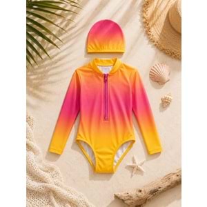 Kız Çocuk Sunset Surf Uzun Kol Fermuarlı Güneş Koruma Mayo - Bone Takımı
