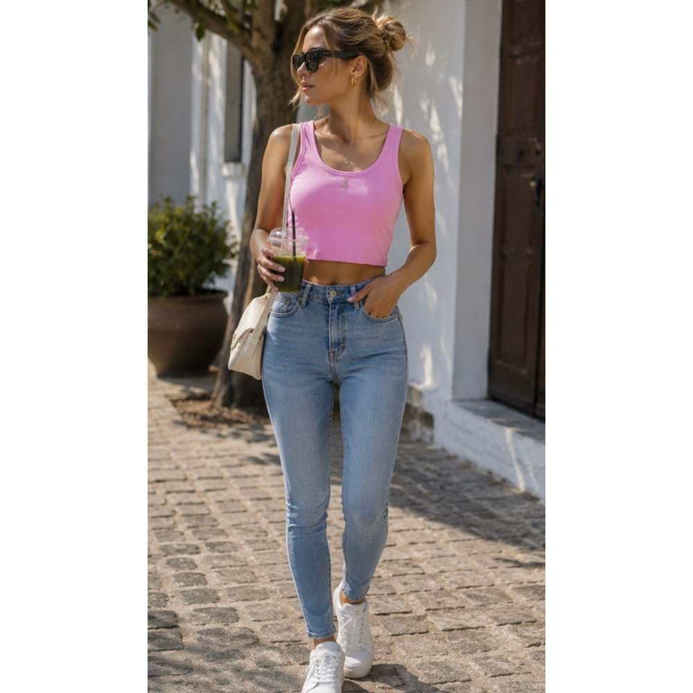 Ibeeka - Mykanos Pink - Black Crop Top Kaşkorse Destekli Kendinden Sütyenli T-Shirt Crop