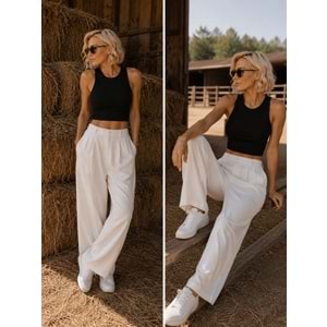 Ibeeka - Mykanos Pink - Black Crop Top Kaşkorse Destekli Kendinden Sütyenli T-Shirt Crop