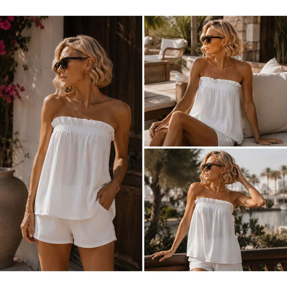 Summer Muse Gofre Straplez Bluz - Ekru