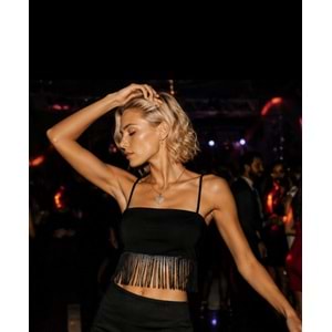 Siyah Püskül Detaylı Askılı Crop Bluz Beach Club Festival Ve Gece Stili